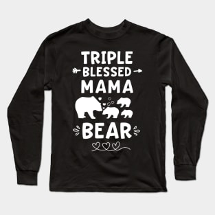 Triple Blessed Mama Bear Heart & Arrow Three Baby Cubs Mom Long Sleeve T-Shirt